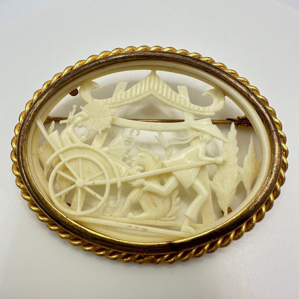 Depose France antique vintage cream carved celluloid Chinoiserie scene brooch